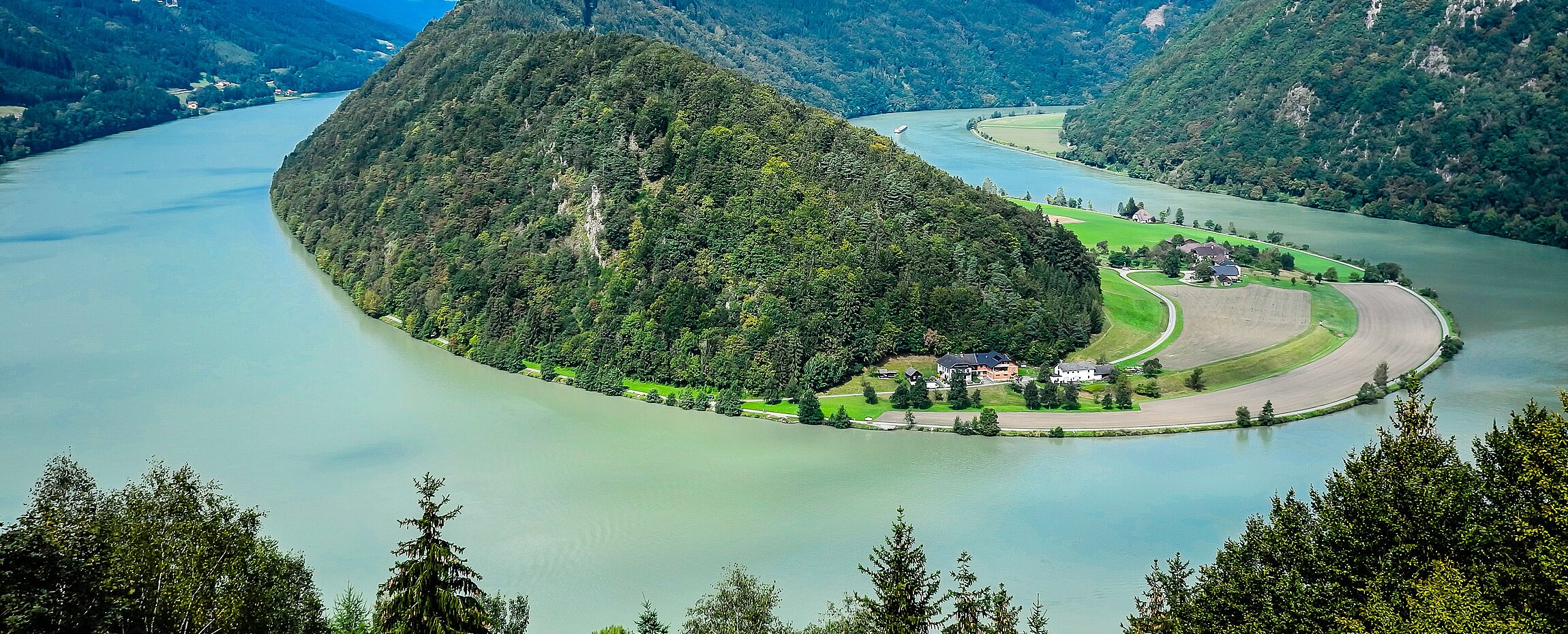 Blick von oben auf die Schlögener Schlinge bei Schlögen an der Donau im Sommer.