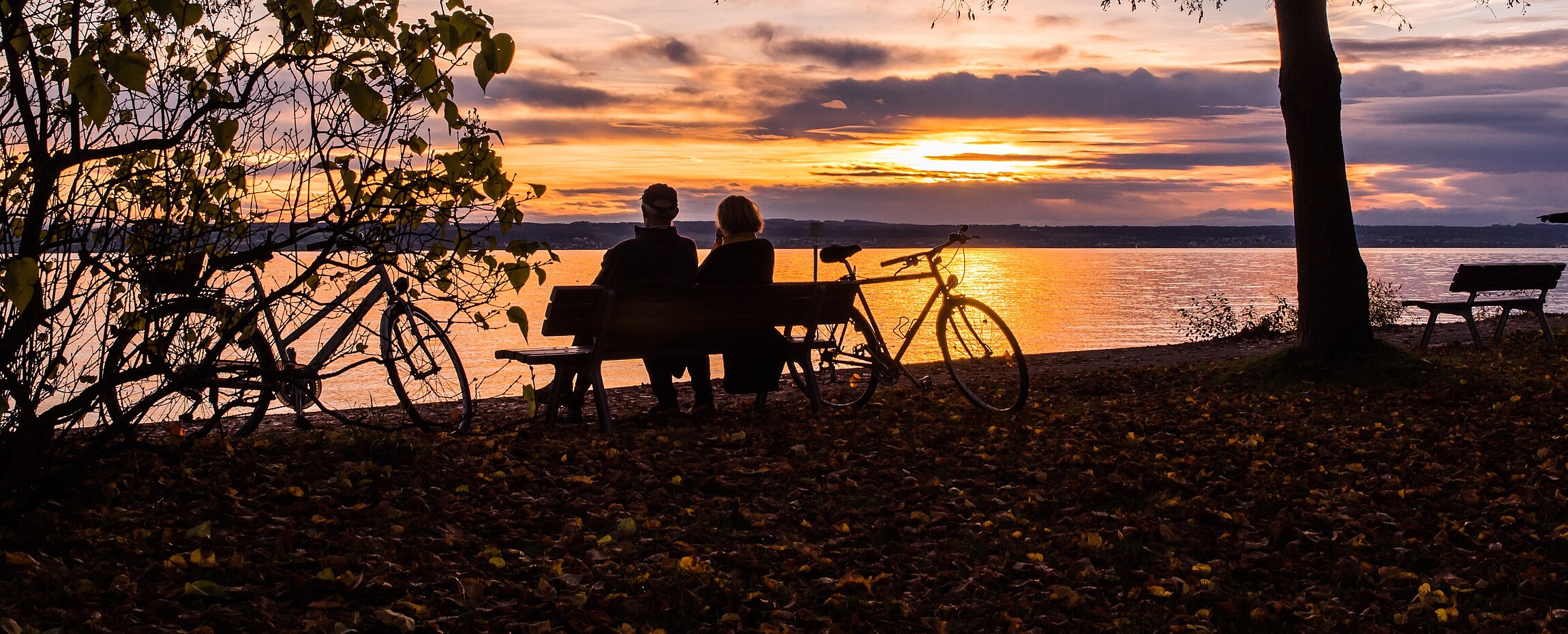 Radfahrer sitzen bei Sonnenuntergang am Ufer des Bodensees auf einer Bank.